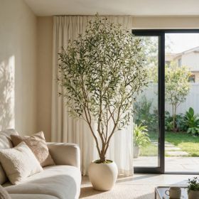 8FT Artificial Olive Tree With Big Decorative White Planter, Tall Indoor & Covered Outdoor Decorative Tree, 1pc/set (Option: Green Leaves)