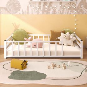 Twin Size Floor Bed, Low Profile Metal Platform with Heavy Duty Guardrails, No Box Spring Needed, White (Option: White)