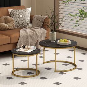 27.6in Nesting Coffee Table Set of 2, Round Coffee Table Wood Marble Pattern Top with Sturdy Metal Frame, End Table Side Tables for Living Room B (Option: Black+Gold)