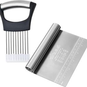 Multi-Purpose Stainless Steel Bench Scraper & Onion Holder Slicer Set - Dough Chopper With Anti-Slip Handle & Safety Cover (Option: Black)