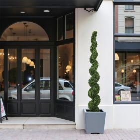 7FT Spiral Topiary Trees Artificial Outdoor Faux Boxwood Plants Large Twisted Green Potted Trees with Light Green Leaves for Garden Front Porch P (Option: Green)