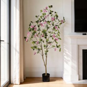 5FT Artificial Bougainvillea Tree with Black Plastic Pot, Realistic Fake Flowering Tree for Indoor Home Office Decor, Potted Faux Plant, 1pc/set (Option: Baby Pink,Green Leaf)